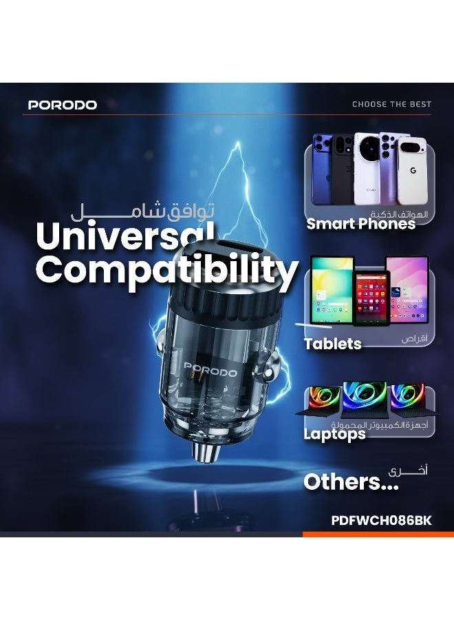 porodo Dual Port Transparent Car Charger with Pull Ring Handle/ PD 36W/ QC 18W/ USB-A & USB-C Ports/Fast Charging/ Sleek & compact Flush-Fit Design/Universal Compatibility - Black - Image 5
